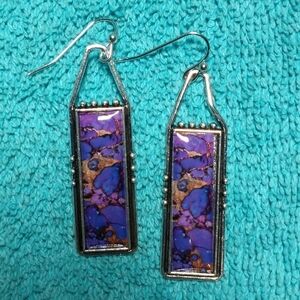 Purple Brown and Silver Wire Dangle Earrings Marble